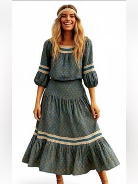 Bohemian Teal Floral Lace-Trim Skirt Set